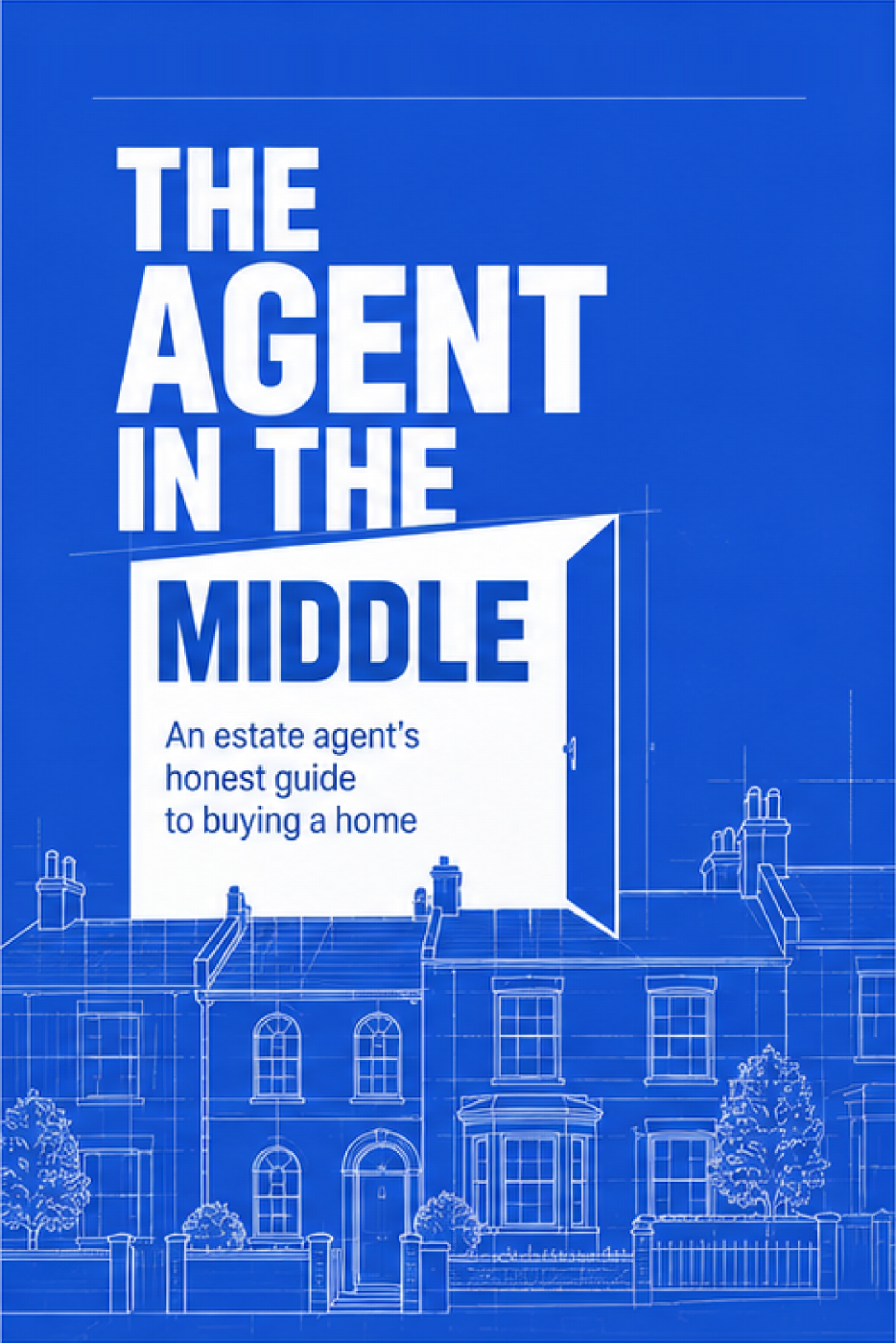 The Agent in the Middle book cover, with a blue blueprint illustration of Victorian homes